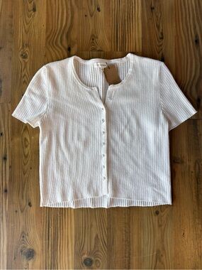 No Comment Ribbed Button-Front White Short Sleeve Cardigan Top Sz L